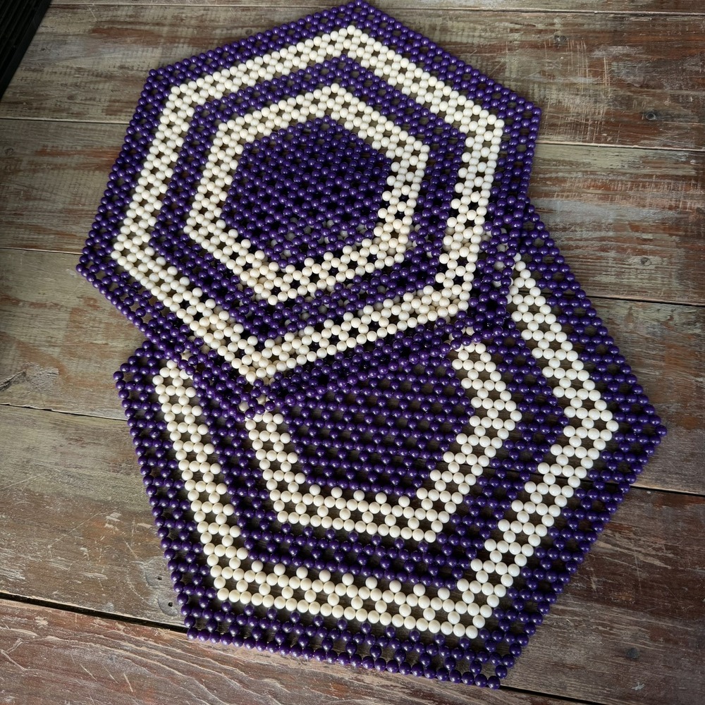 Vintage Table Top Beaded Table Mats 2 Big - 13.5" X 15" Purple Cream White 70s